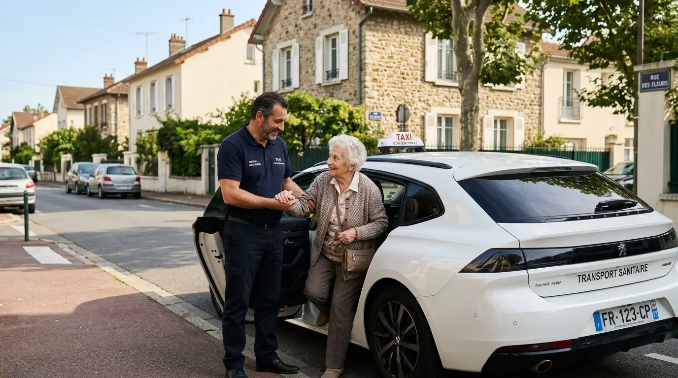 Chauffeur TAXI PHILIPPE aidant un patient âgé — transport médical conventionné CPAM Douaisis