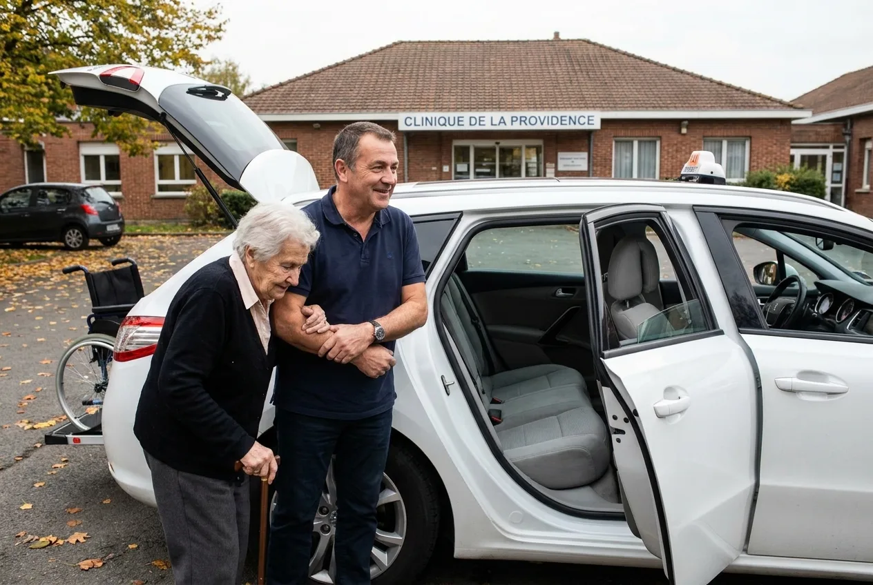 Chauffeur TAXI PHILIPPE aidant un patient âgé à monter dans le véhicule médicalisé
