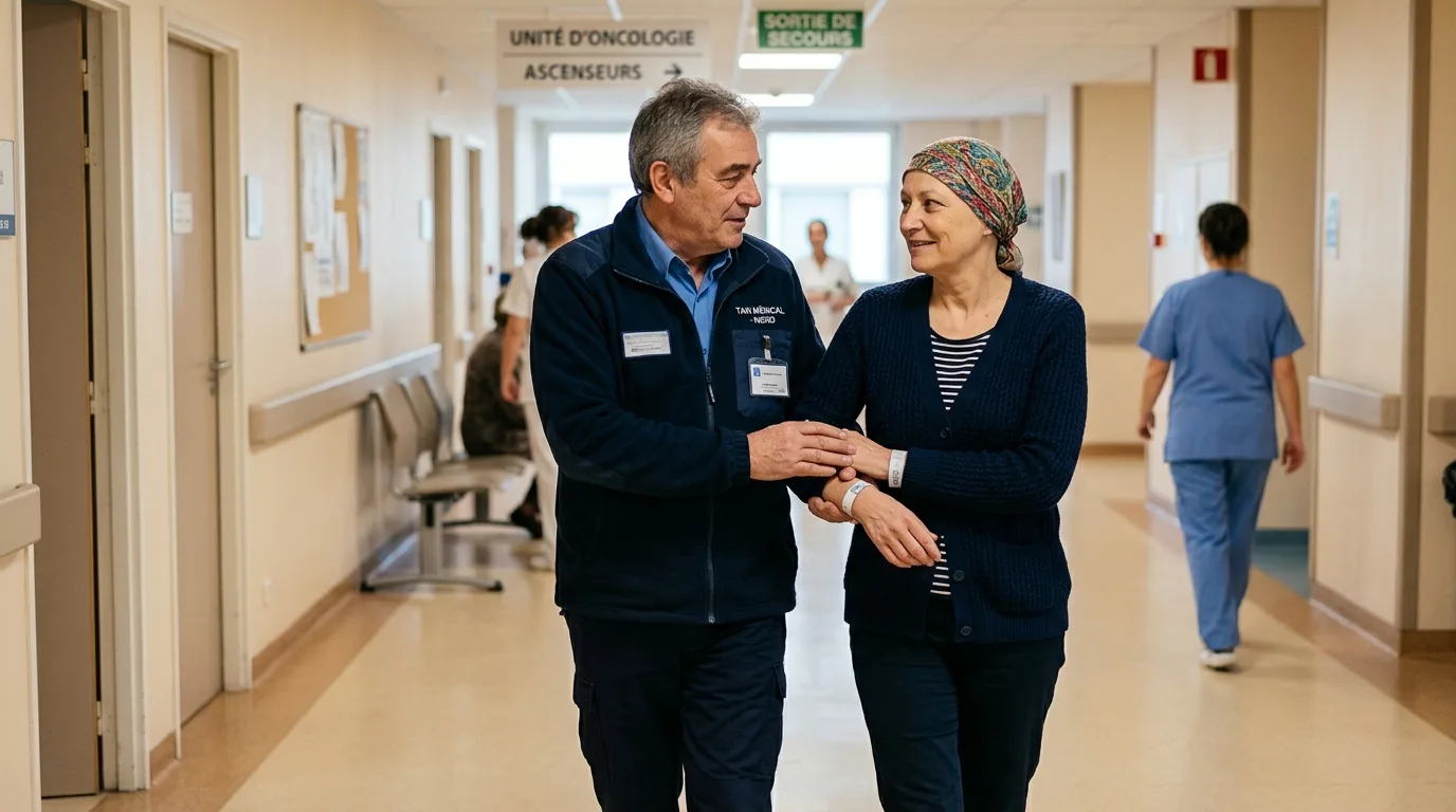 Accompagnement bienveillant d'un patient en traitement oncologique par TAXI PHILIPPE
